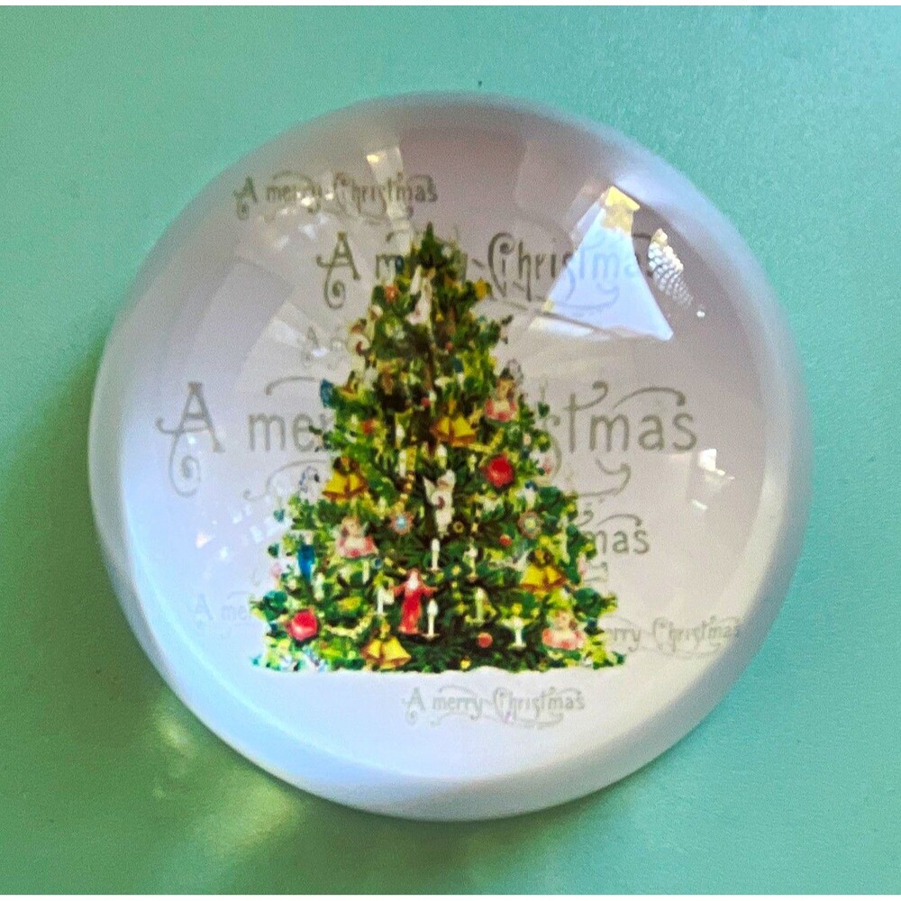 Vintage hand blown Glass Dome Paperweight Christmas Tree "A Merry Christmas"